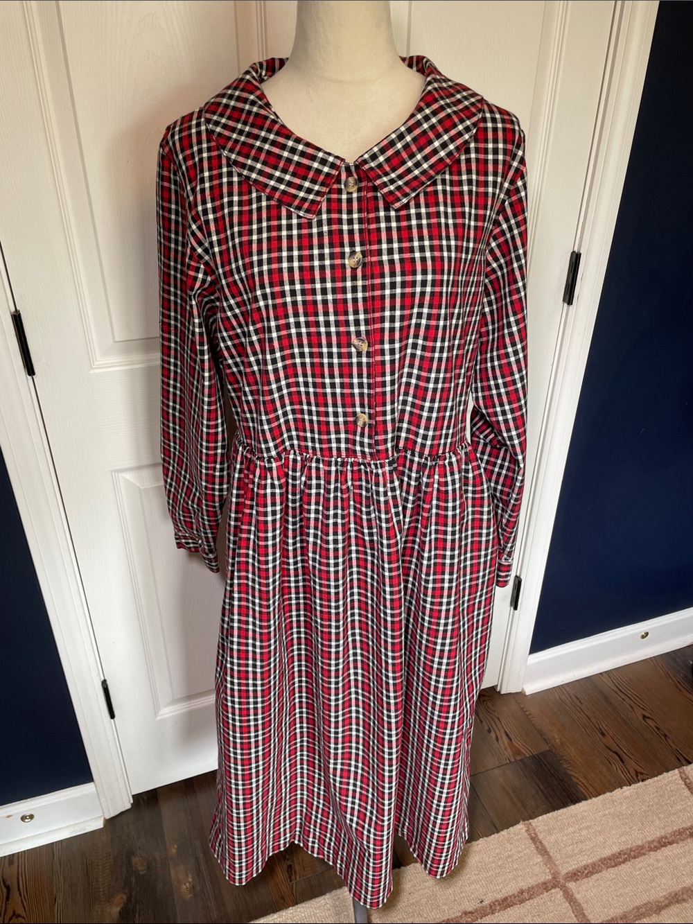 Vintage Fads Red Black Plaid Shirtwaist Dress Prairie Core Cottagecore Size M
